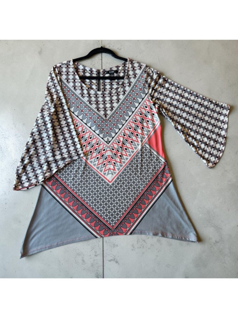 Womens Peach Grey Black Tunic Top L Alfani Geometric Print Bell Sleeve High-Low - Picture 12 of 12